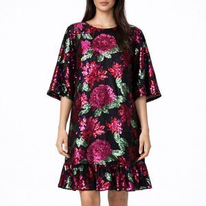 Ivy City Co NWT Evelyn Dress Women's Large Black Floral Sequin Midi Wedding Part